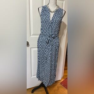 Gap Dress Geometric Pattern Blue Sleeveless Split Neckline Belted Midi Small
